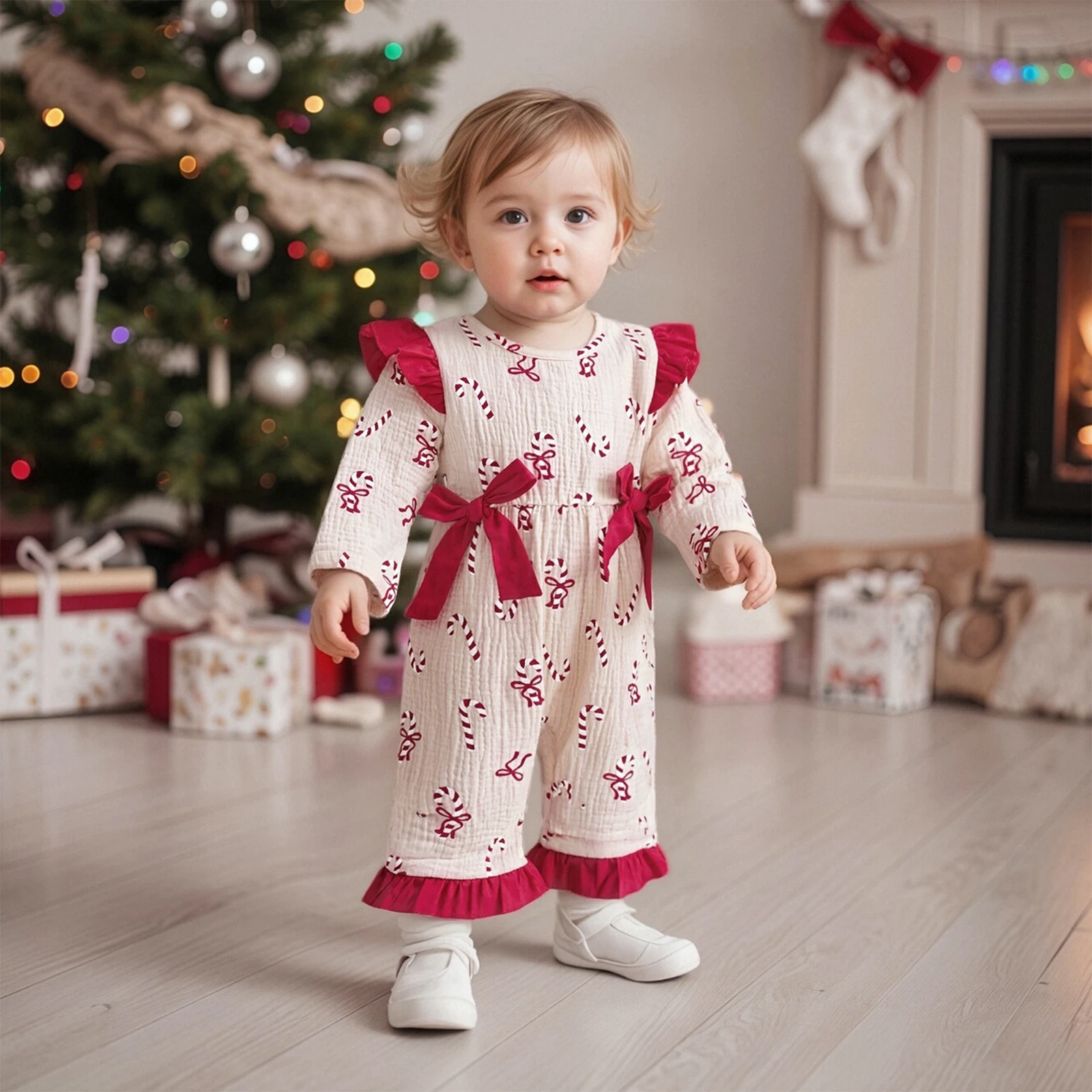 Suefunskry Mameluco de Navidad para bebé niña con volantes, manga larga, cuello redondo, estampado de bastón de caramelo, mono con decoración de lazo - imagen 3