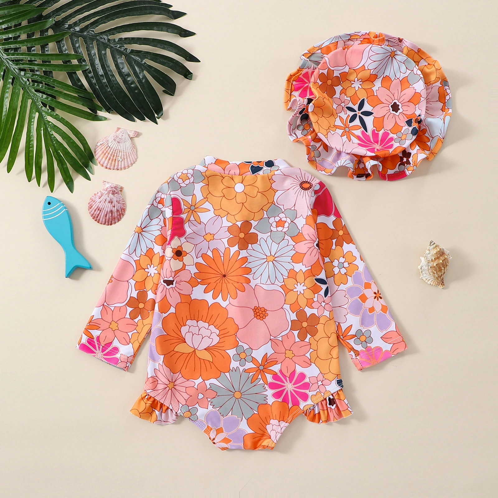 Traje de baño infantil con sombrero para niña – Estampado floral manga larga - imagen 2