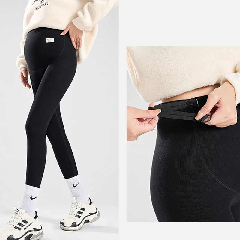 Pantalones de maternidad de talla grande, mallas de maternidad de cintura alta con soporte para el vientre de algodón, pantalones de lana de otoño e invierno para mujeres embarazadas - imagen 3