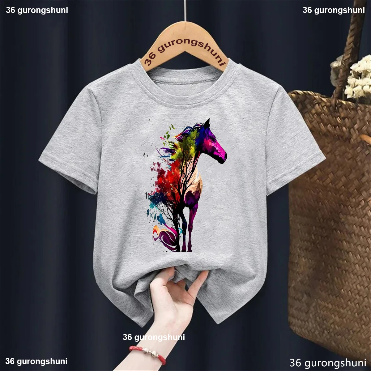 Camiseta con estampado de animales y caballos de acuarela para niñas, ropa Harajuku Kawaii para niños, camiseta de manga corta a la moda de verano - imagen 4