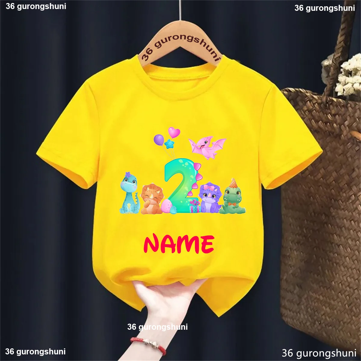 Camiseta con estampado de globos de dinosaurio y nombre personalizado para niñas/niños, ropa divertida de dinosaurio t-rex para niños pequeños, camiseta lisa Kawaii de verano - imagen 5