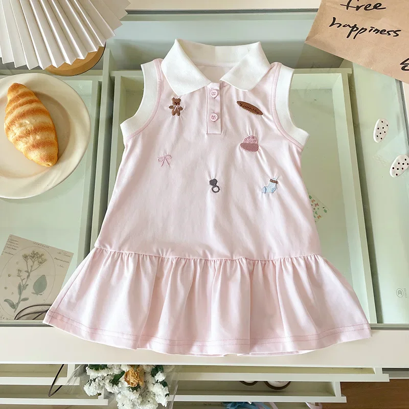 Vestido bordado de dibujos animados para niña, estilo Preppy con cuello, longitud media dulce, tela transpirable para trajes bonitos para niños pequeños, verano 2025