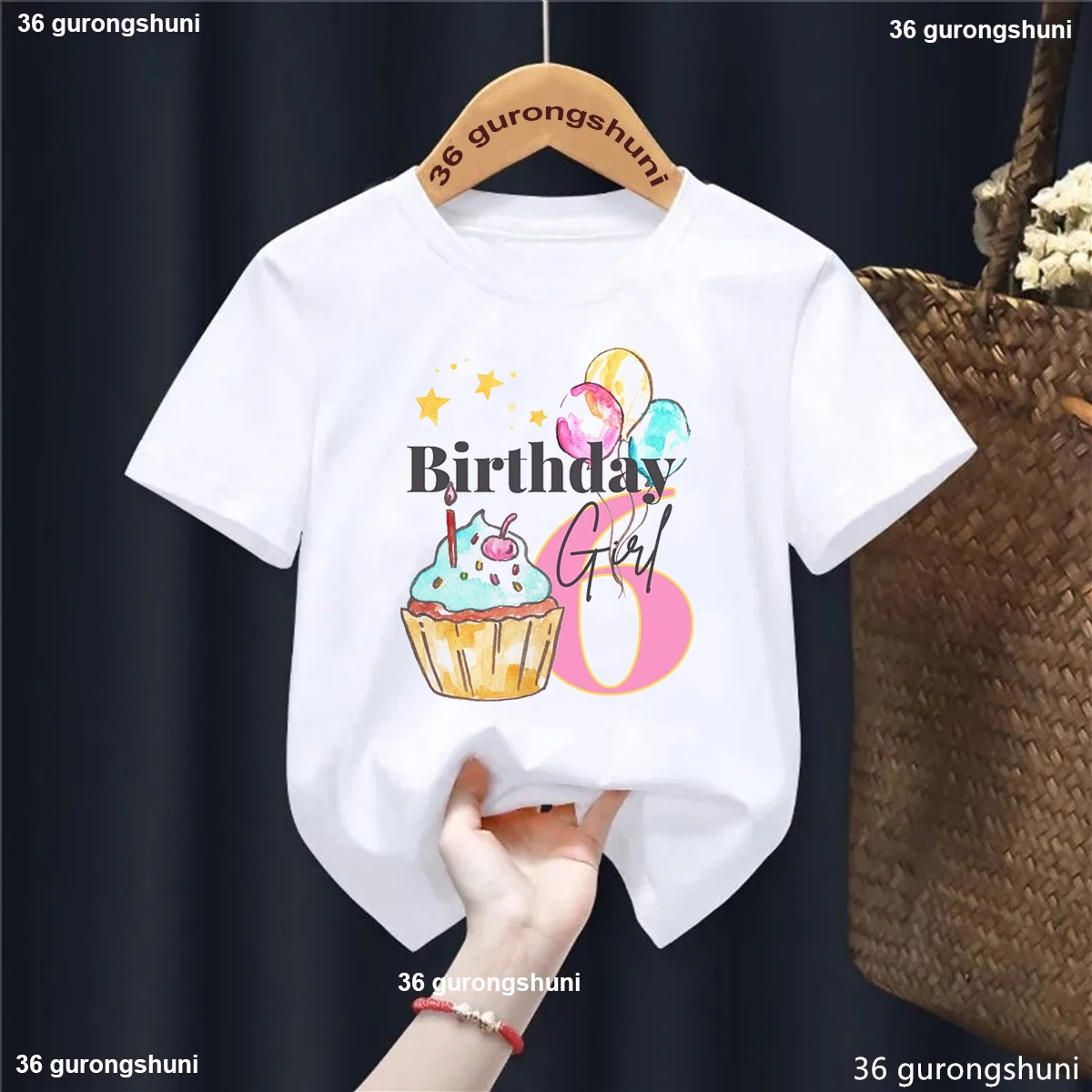 Camiseta blanca con estampado de regalo de cumpleaños para niñas, camiseta con estampado de pastel, globo, estrella, Kawaii, ropa para niños, camiseta de fiesta de cumpleaños