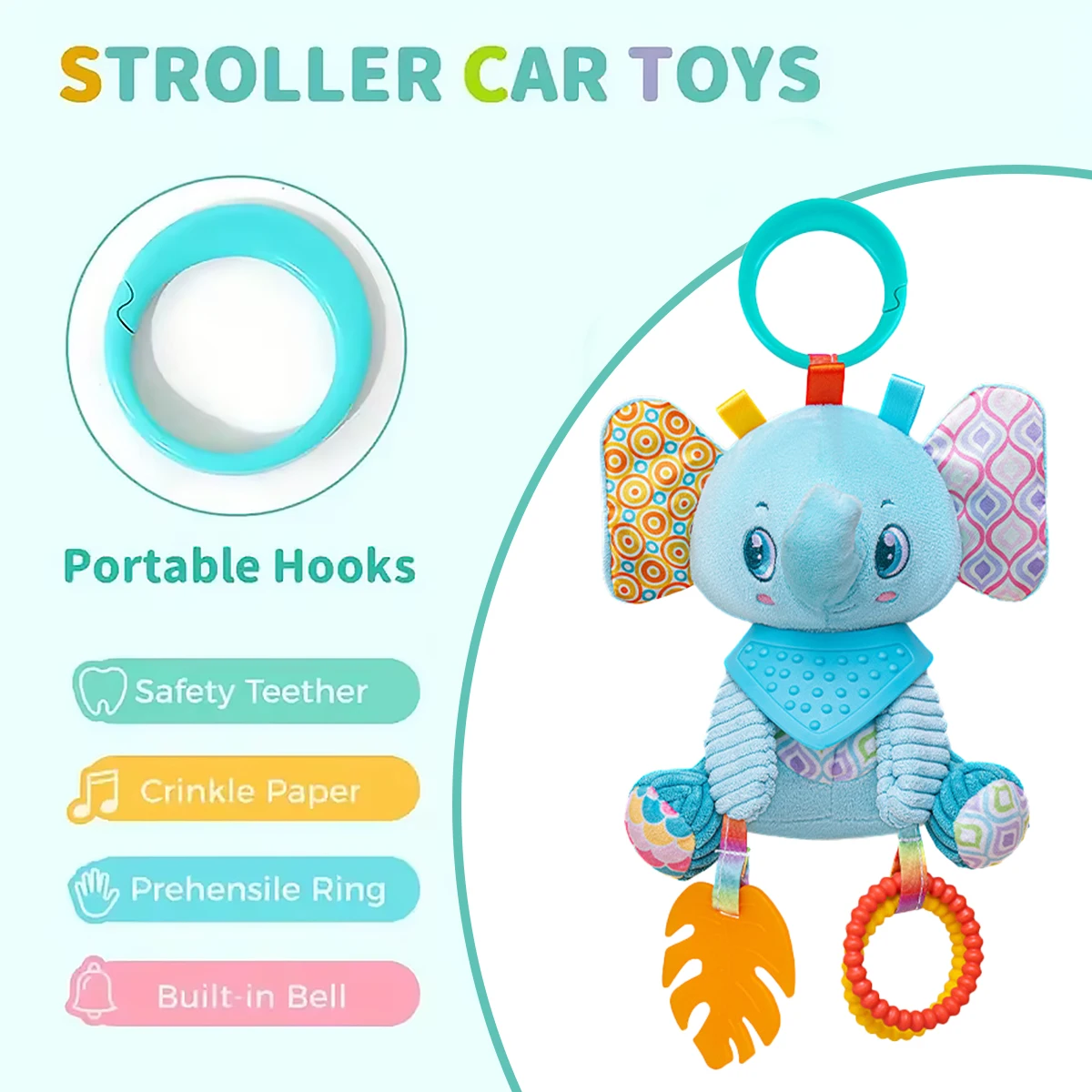 Cochecito de juguete de aprendizaje sensorial arrugado, colgante suave, asiento de coche, cuna, viaje, Animal de peluche, carillón de viento con mordedor para niños y niñas - imagen 5