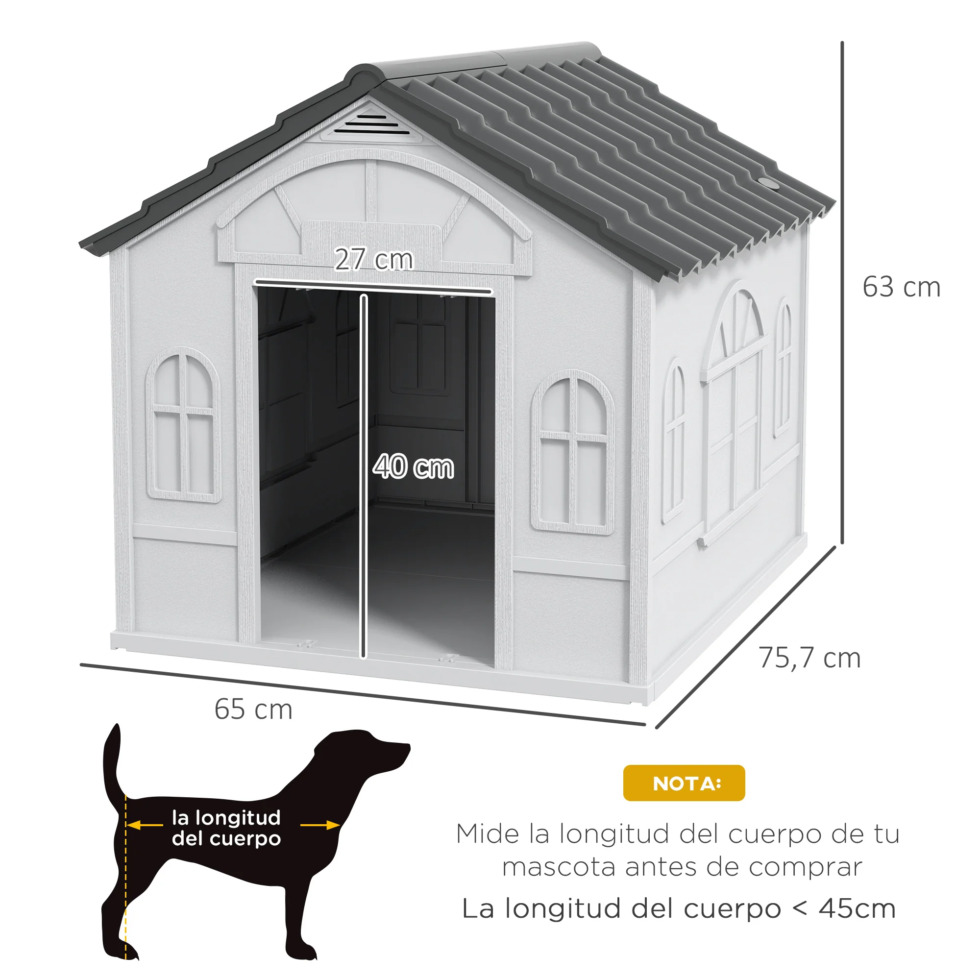PawHut Caseta para Perros 65x75,7x63 cm Casa para Perros con Patrón de Ventana y Techo de Tejas de Imitación para Perros Medianos Gris y Blanco - imagen 3