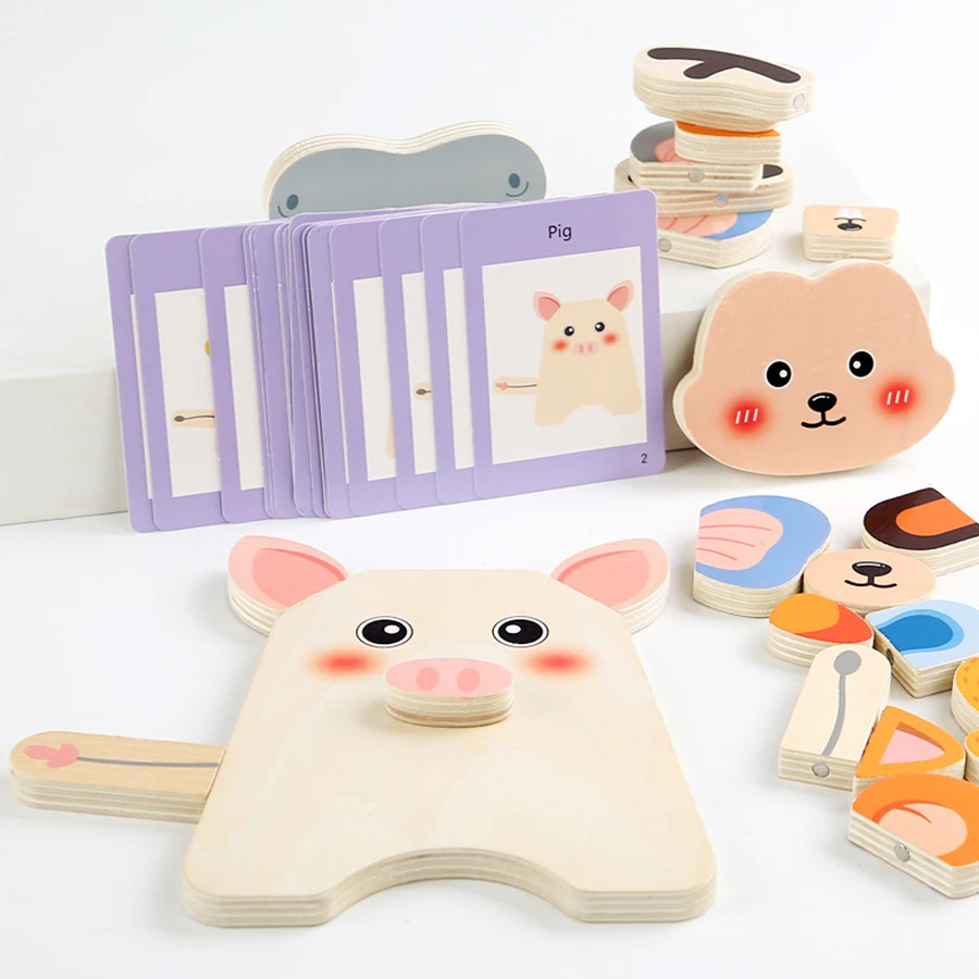 Juguetes Educativos Montessori de madera para niños, bloques de construcción de cara con cambio de emoción Animal, juego de rompecabezas de entrenamiento lógico, regalo para niños - imagen 2