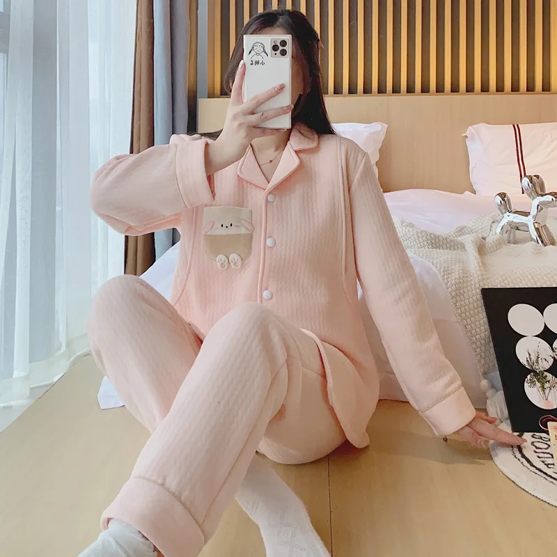 Otoño Invierno espesar cálido algodón acolchado maternidad enfermería conjuntos de ropa de dormir lindo pijamas de alimentación trajes ropa para mujeres embarazadas