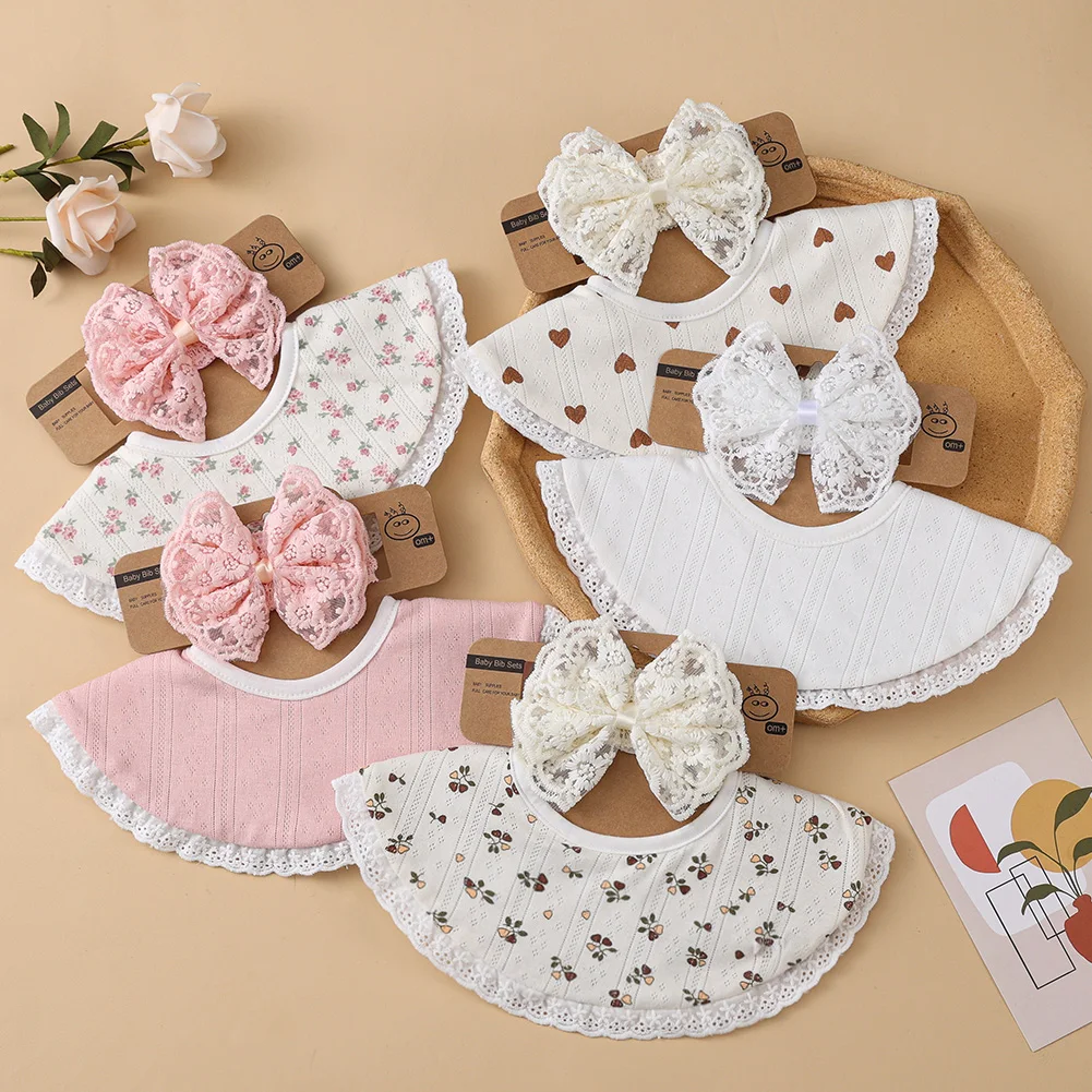 2 unids/set princesa niñas diademas con lazo de encaje estampado de flores Baberos para bebé recién nacido Corea Vintage botón Saliva toalla alimentación paños para eructar - imagen 2