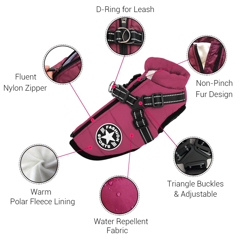 Abrigos de invierno para perros, chaqueta repelente al agua con arnés, ropa gruesa y cálida acolchada para perros, traje de nieve reflectante para perros pequeños - imagen 3