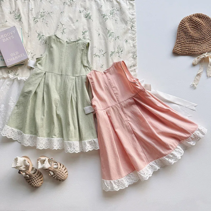 MILANCEL nuevo vestido de verano para niños niñas lindo encaje bordado flores vestido veraniego niños suelto Simple arco prendas de vestir - imagen 2