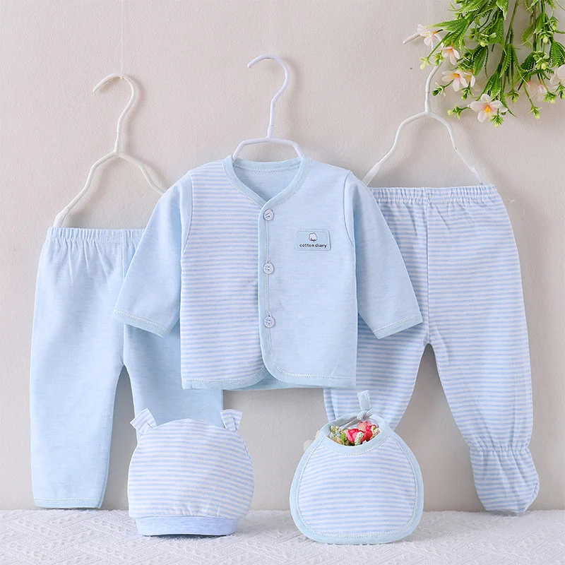 Conjuntos de 5 piezas de primavera y otoño para niños y niñas, Tops informales de algodón de manga larga a rayas, pantalones, sombrero y Baberos, ropa para bebés recién nacidos BC509 - imagen 2