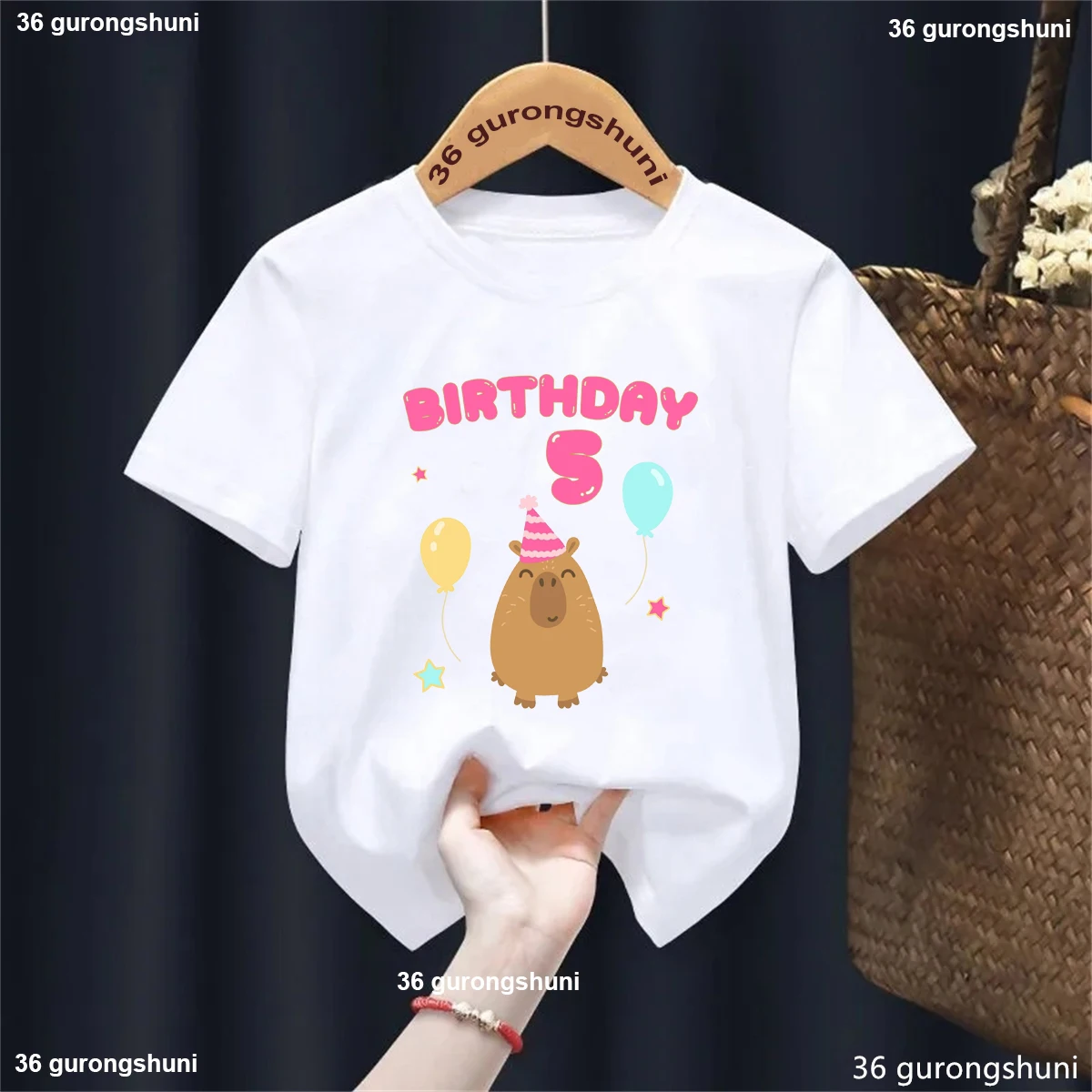 Camiseta con estampado de globos de capibara para niños y niñas, ropa divertida Kawaii para niños, camisetas lisas de moda, 5/6/7/8/9 cumpleaños - imagen 2