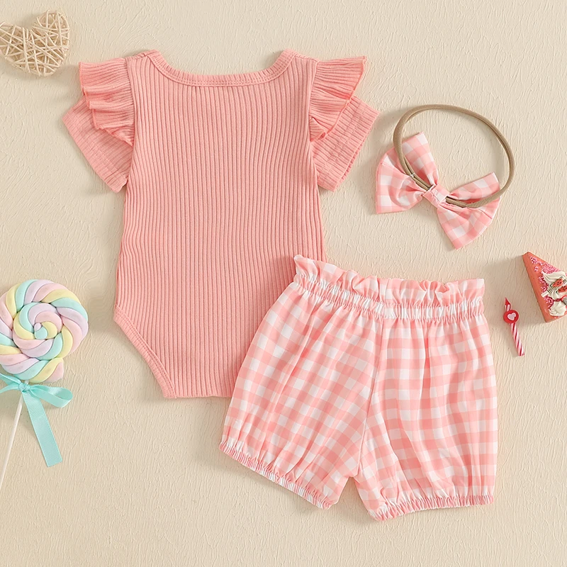 Conjuntos de pantalones cortos de verano para niñas recién nacidas, mameluco con estampado de letras, pantalones cortos con estampado de lazo y diadema - imagen 3