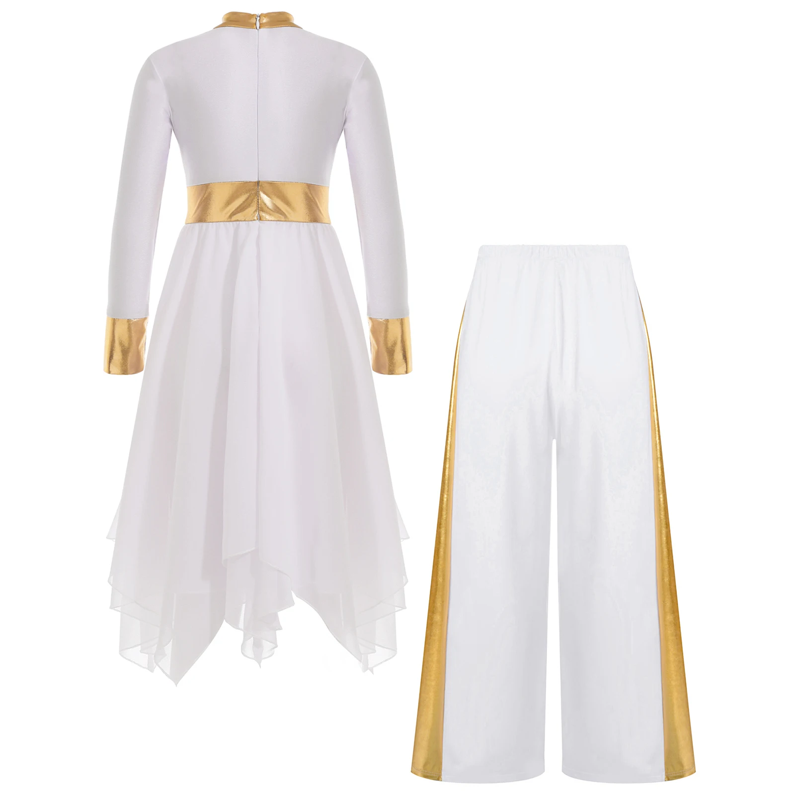 Traje de baile litúrgico para niñas, vestido de baile de alabanza de iglesia con retales metálicos de bloques de Color de manga larga con conjuntos de pantalones de pierna ancha - imagen 3