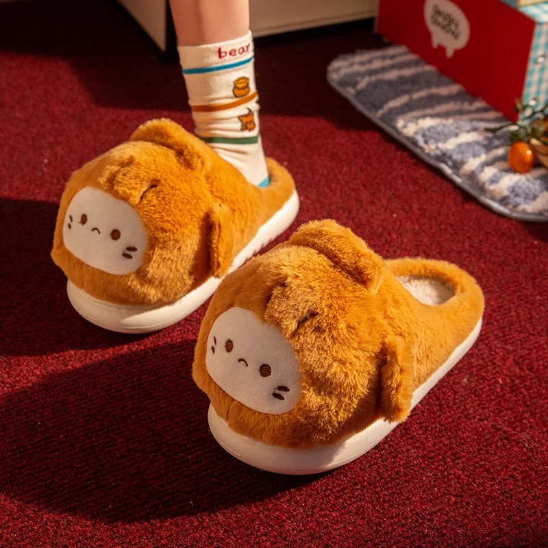 Bonitas zapatillas mullidas Taiyaki para mujeres y hombres, zapatos de casa de invierno, antideslizantes, cálidas, de piel sintética, divertidos amantes de los dibujos animados, toboganes para el suelo del hogar - imagen 3