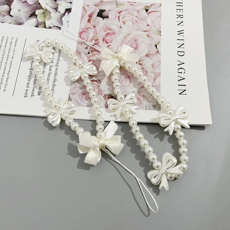 LLavero de cadena de perlas de imitación elegante, llaveros con cuentas de lazo de Camelia a la moda, correa para teléfono móvil antipérdida para niñas, cordón, regalos para amigos - imagen 5