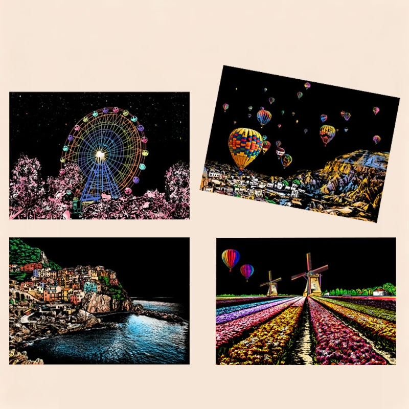 4 hojas de papel artístico para rascar con lápiz óptico, Kit de dibujo de monumentos famosos, pintura para aliviar el estrés, juguete, decoración creativa, regalo divertido para niños y adultos - imagen 4