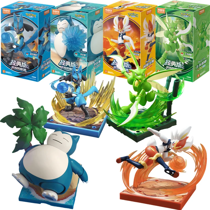 Original Blokees Pokemon Adventure Prologue Snorlax Cinderace Scyther Lucario figura de acción modelo juguetes de ensamblaje regalos de cumpleaños