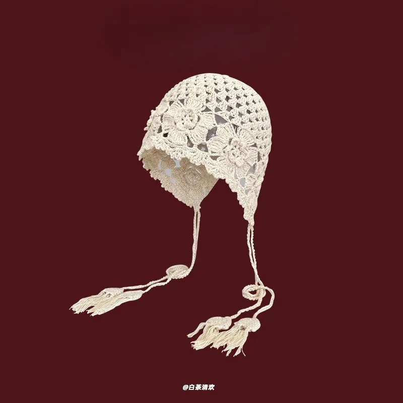 Gorro calado tejido hecho a mano para mujer, gorro de punto con gancho de flor de estilo coreano con borlas de perlas para primavera y verano - imagen 3