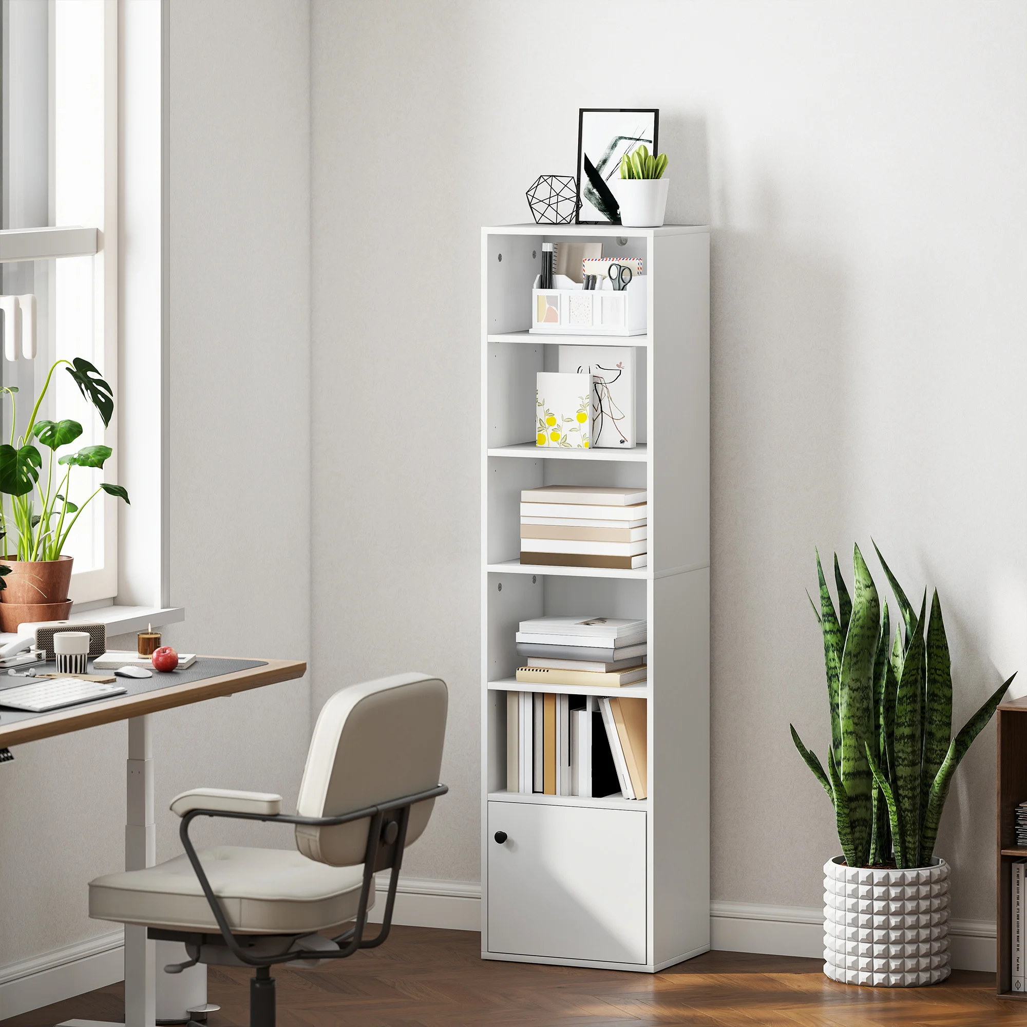 HOMCOM Librería de 6 Niveles, Estantería para Libros con Estantes Ajustables y Puerta, Estantería Moderna, 40x30x156 cm, para Salón, Dormitorio, Estudio, Oficina, Blanco - imagen 2