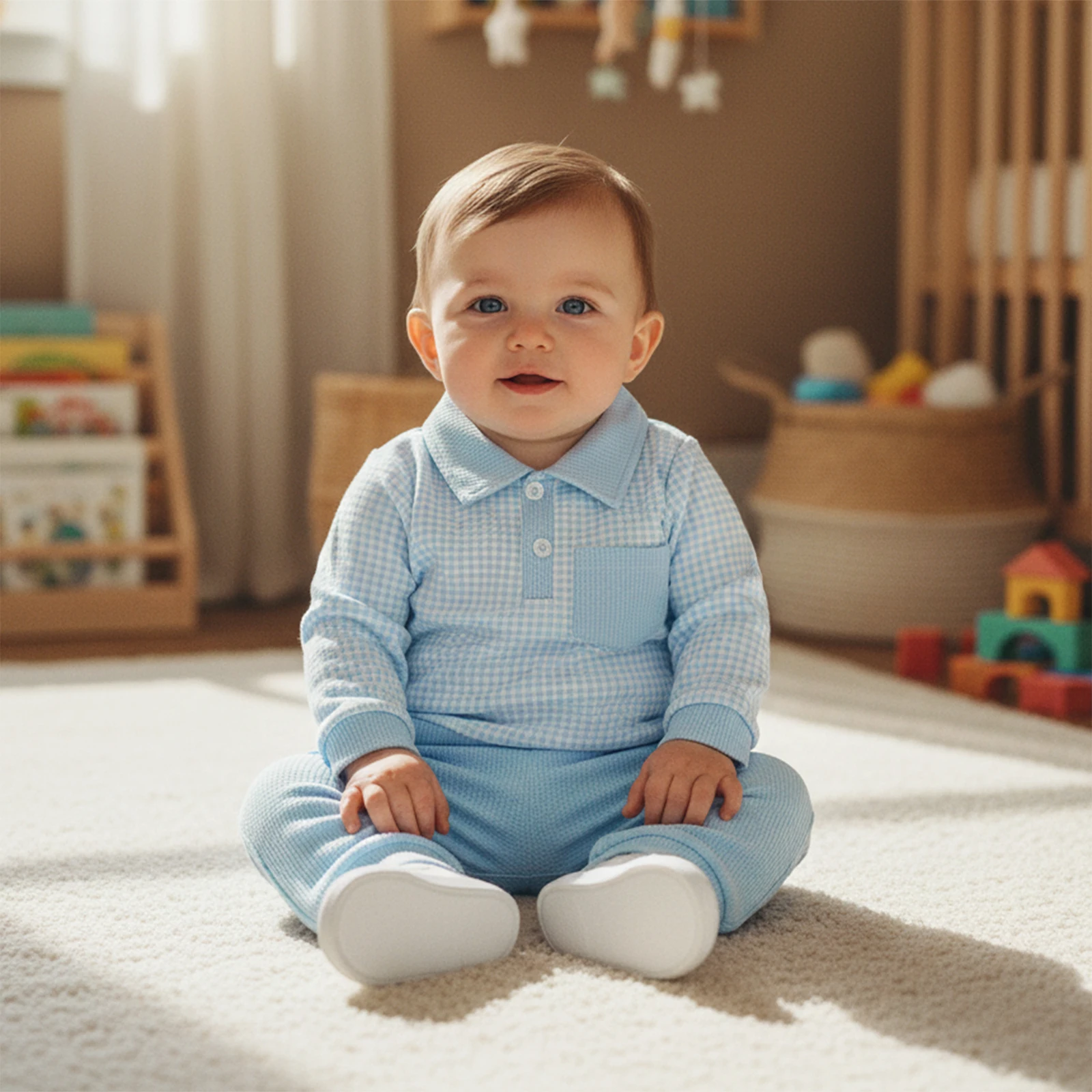 Suefunskry Conjunto de 2 piezas de otoño para bebé, sudadera con solapa a cuadros de manga larga y pantalones elásticos, conjunto de ropa cálida - imagen 5