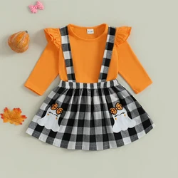 Conjunto falda tirantes a cuadros Halloween fantasma bebé niña