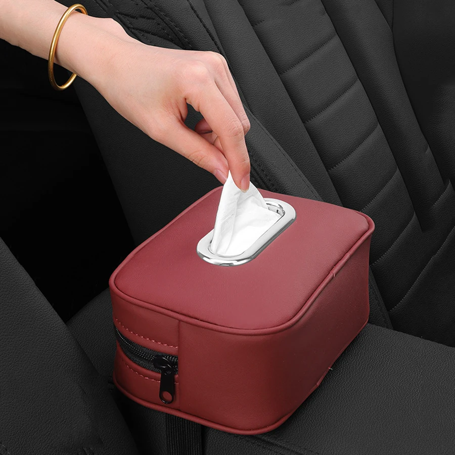 Soporte de caja de pañuelos de cuero de primera calidad para coche, ajuste Universal para consola, reposabrazos, visera y asiento trasero, funda de pañuelos con correa fija antideslizante - imagen 2