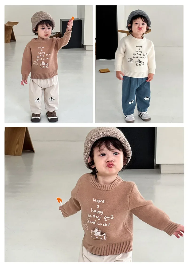 MILANCEL, nuevo suéter de otoño para niños, 9M-5T, letras impresas de dibujos animados, prendas de punto para niñas, Jersey de punto suelto coreano para niños - imagen 4