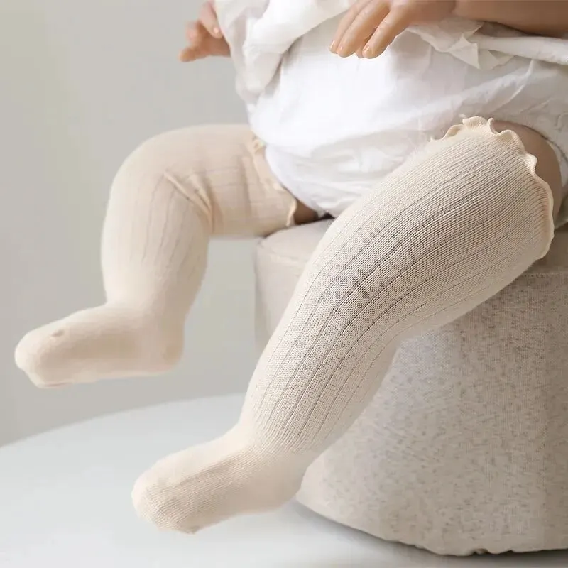 3 par/lote calcetines de encaje para niñas con volantes de algodón sólido largo hasta la rodilla calcetines para niños recién nacidos primavera niños volantes lindos Socken - imagen 4