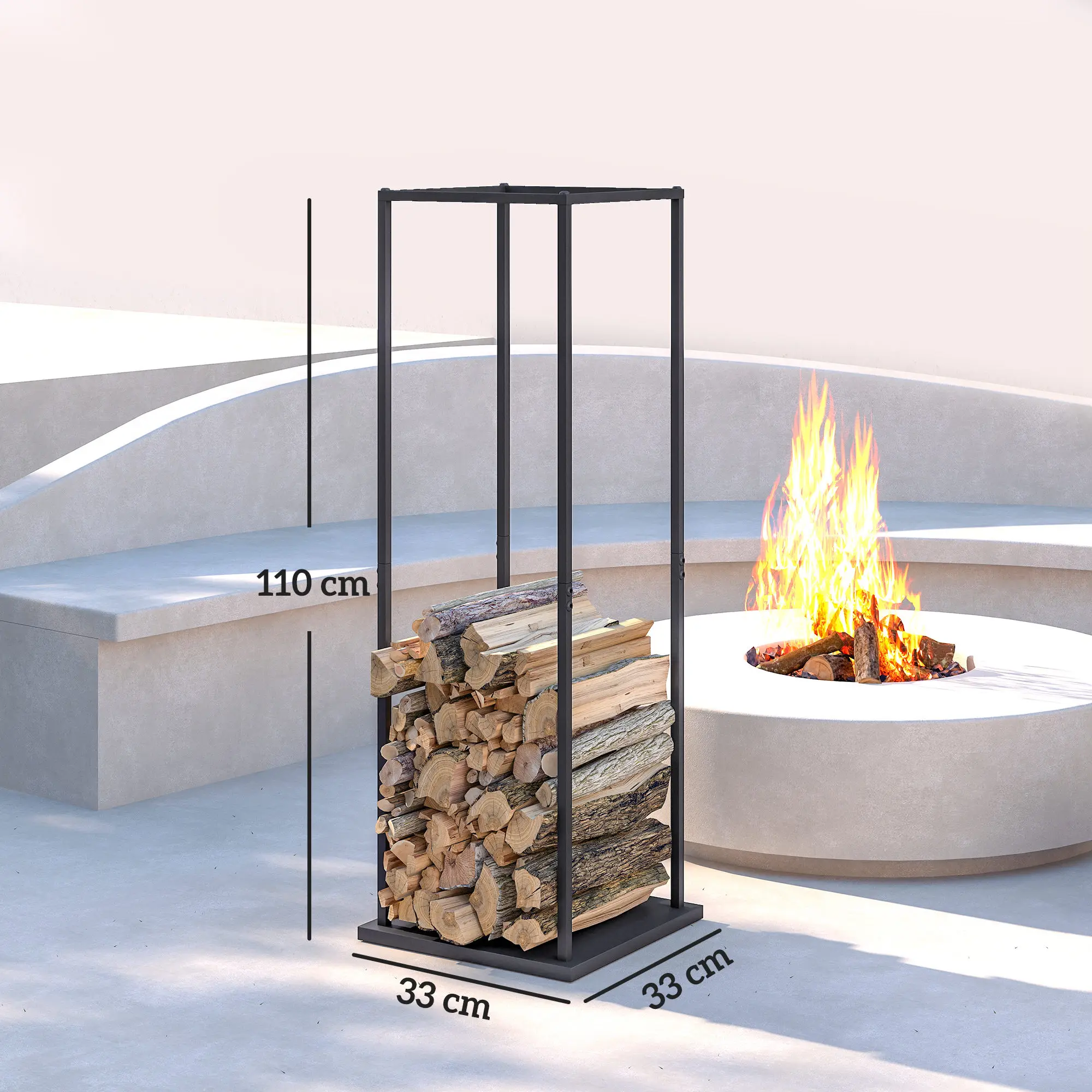 Outsunny Estante de Leña Metálico, Soporte para Leña de Chimenea, Leñero Exterior con Base Elevada, para Interior y Exterior, Carga 100 kg, 33x33x110 cm, Negro - imagen 3