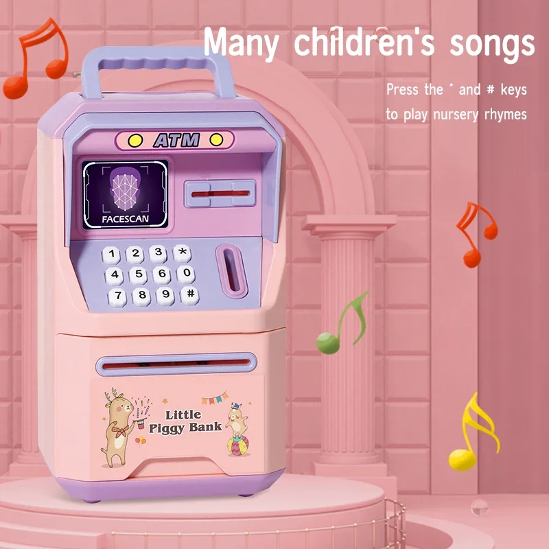 Hucha ATM, caja de seguridad, caja de dinero, música ATM, banco electrónico de dibujos animados, desbloqueo facial, juguete para niños, banco de papel de desplazamiento automático - imagen 2
