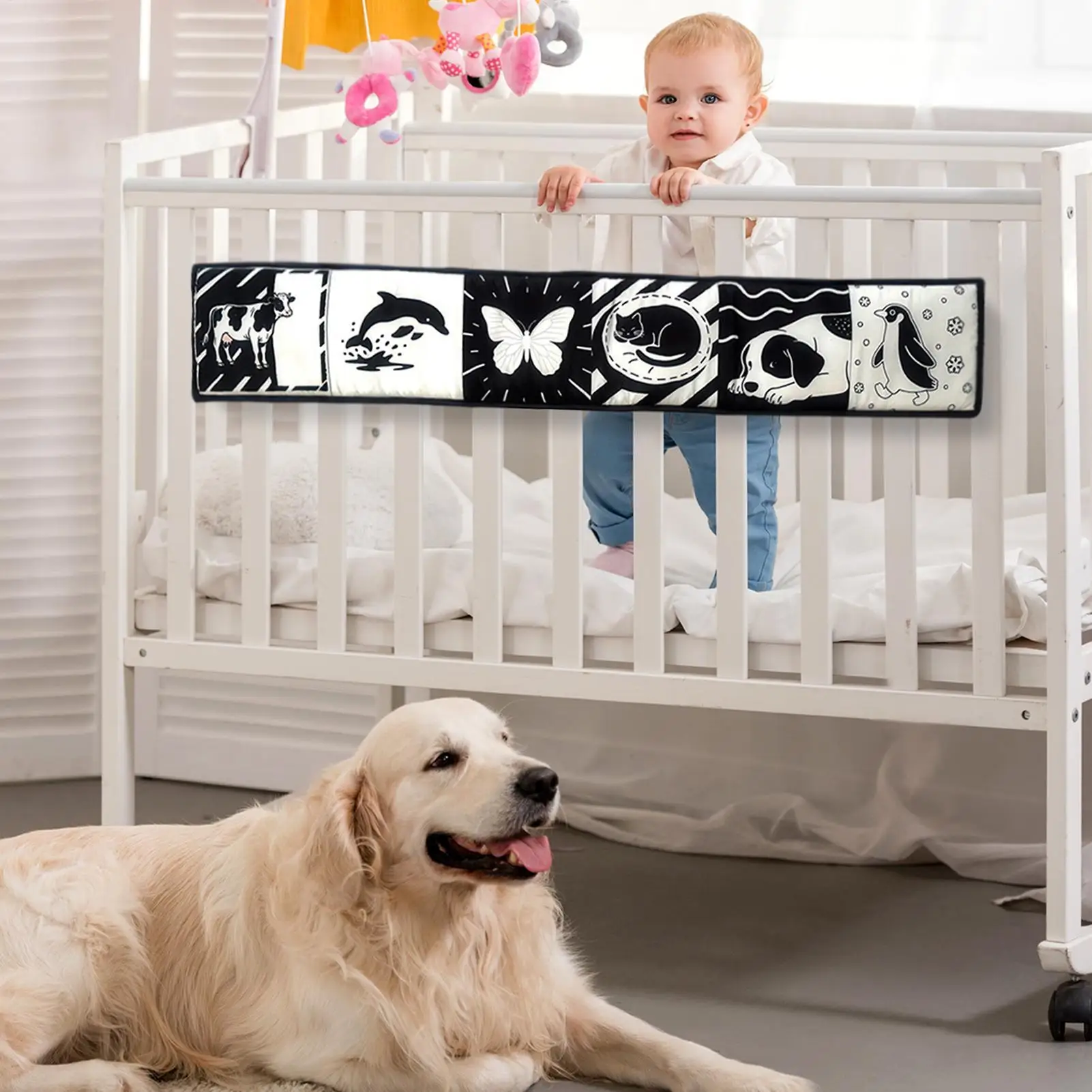 Parachoques para cuna de bebé, suministros para bebé, parachoques para cuna transpirable con patrones en blanco y negro para edades de 0 a 36 meses, parachoques para cama de agarre - imagen 3