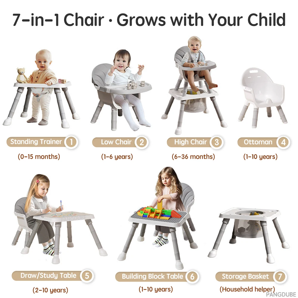 PANGDUBE Trona de bebé 7 en 1 para cena, silla multifuncional para bloques de construcción de bebé, mesa y silla baja, bebé aprende a pie - imagen 2