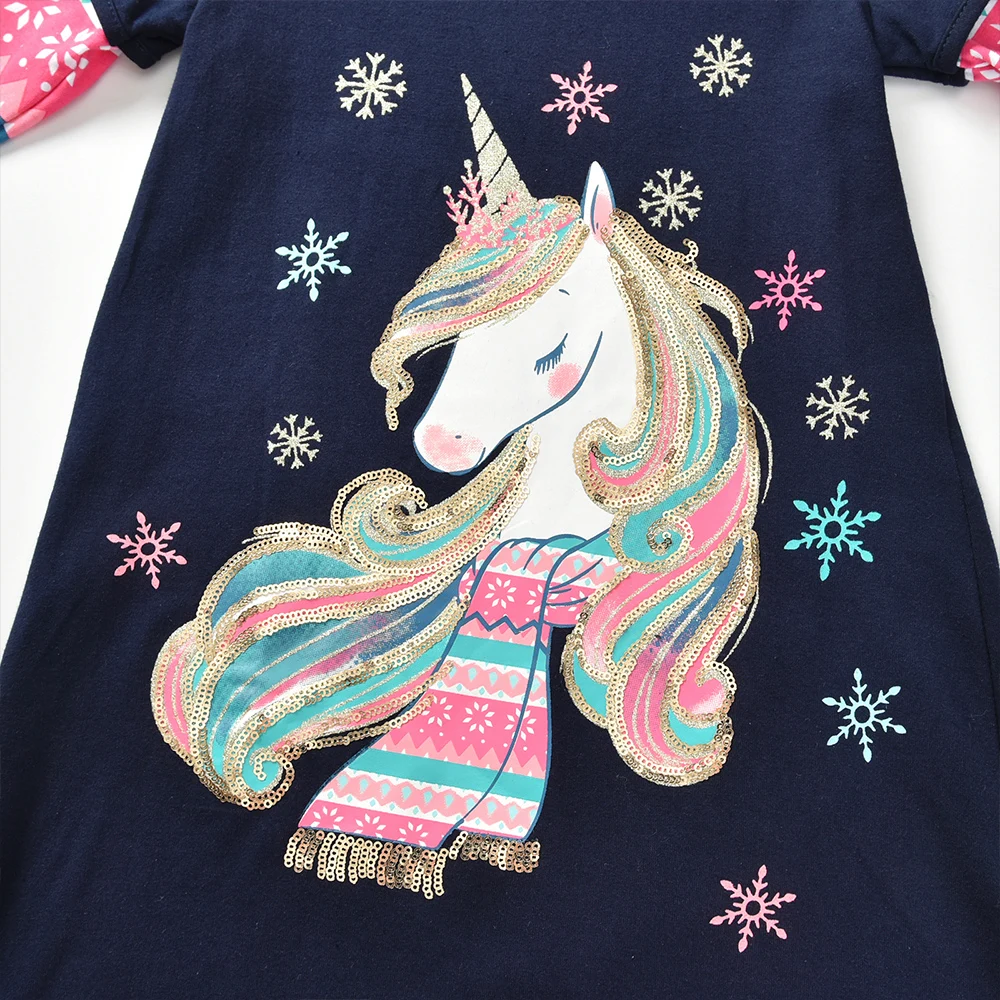 DXTON Vestido Unicornio Niña Algodón - Diseño Copo Nieve Año Nuevo - imagen 3