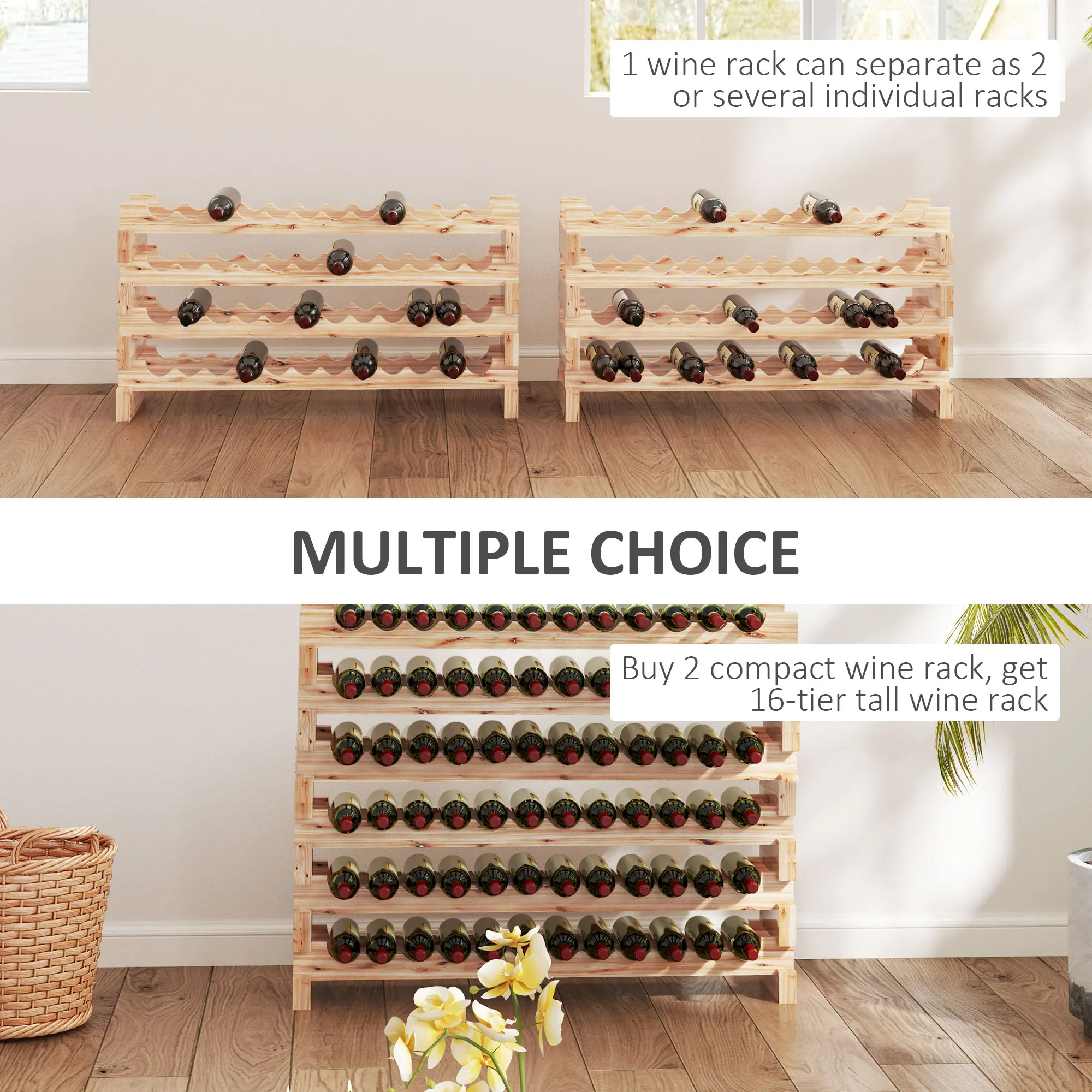 Botellero de Madera de Abeto HOMCOM, Vino con 8 Estantes Para 96 Botellas y Peso Máximo 100 kg, 114x28x113,5 cm, Madera Natural - imagen 4