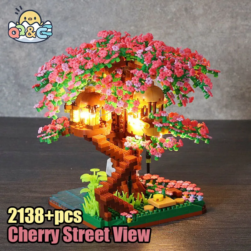 Juego de bloques de construcción de árbol bonsái de cerezo, ladrillos de plantas de flor de Sakura DIY con modelo de casa de árbol ligera, regalo romántico para novia - imagen 2