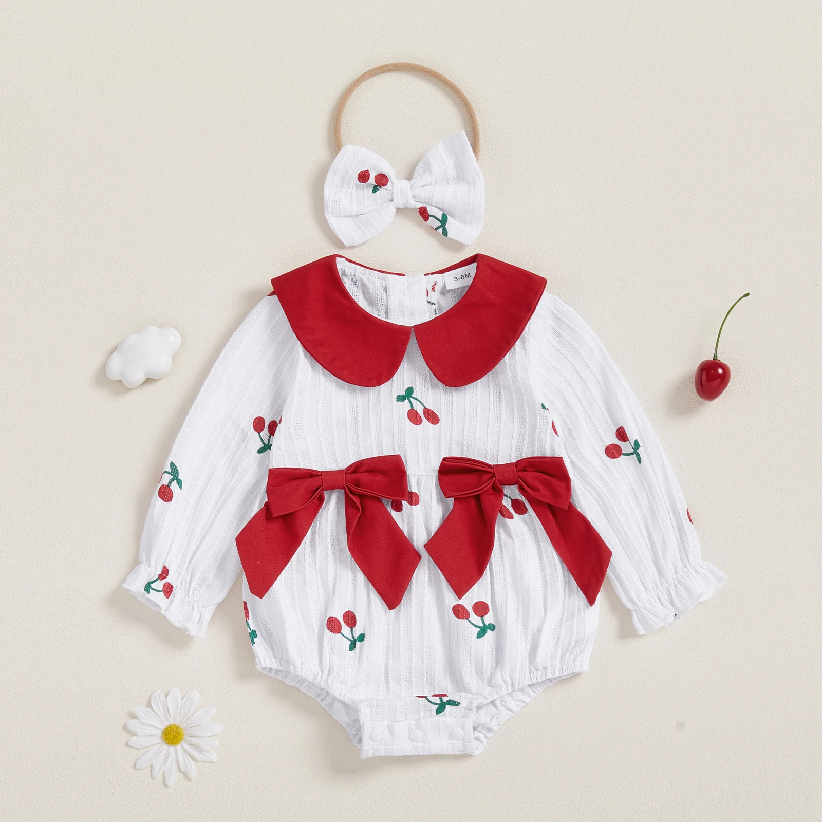 Conjunto de 2 piezas de traje de otoño para niña con cuello de muñeca de fresa/cereza/corazón, mameluco de manga larga, diadema con lazo - imagen 5