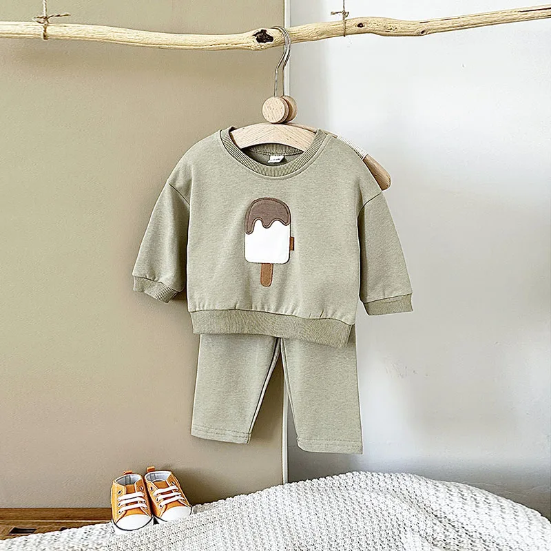 MILANCEL, nuevo conjunto de ropa de primavera para bebés, lindo traje con capucha de helado de dibujos animados para niños pequeños, traje suelto para niños pequeños, 2 uds. - imagen 3