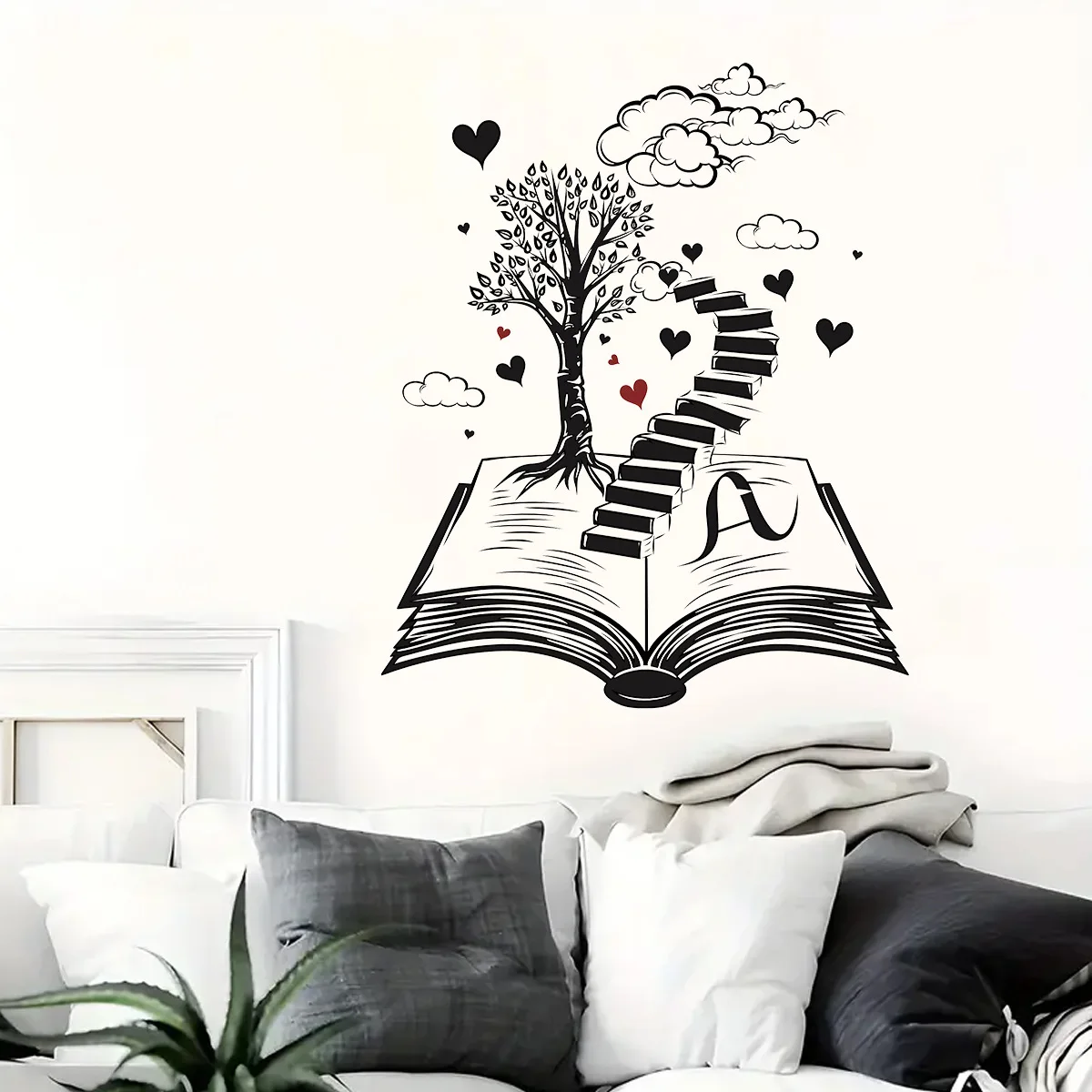 Pegatinas de pared para sala de estar, calcomanías de pared para dormitorio, decoración creativa del hogar, corazón negro, libro, mundo, escalera, árbol, Oficina - imagen 5