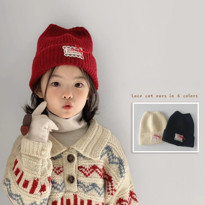 Gorro de moda coreana para niños, gorro de punto para bebé, gorro cálido con forro polar para niños pequeños, gorro para clima frío de diseño bonito para niños