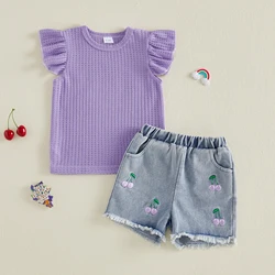 Conjunto verano bebé: camiseta voladas y shorts mezclilla bordado cerezas