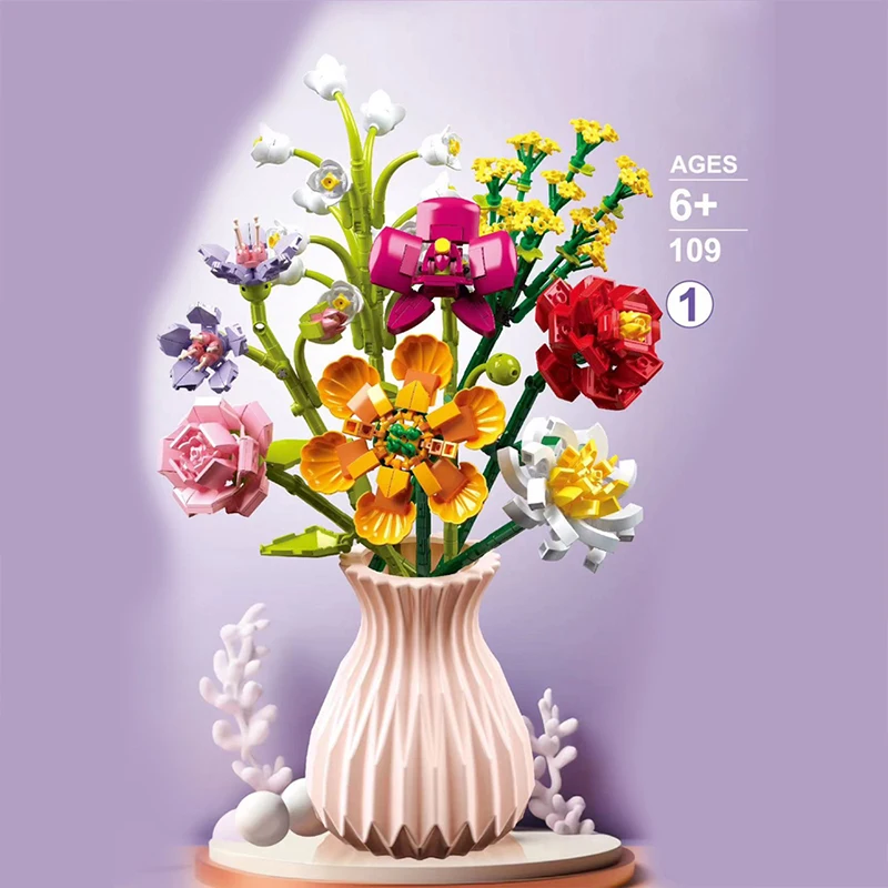 Ramo de flores, bloques de construcción, flor eterna, rosa, girasol, planta, modelo, juego de ladrillos con florero, juguetes DIY para niños, regalos - imagen 3