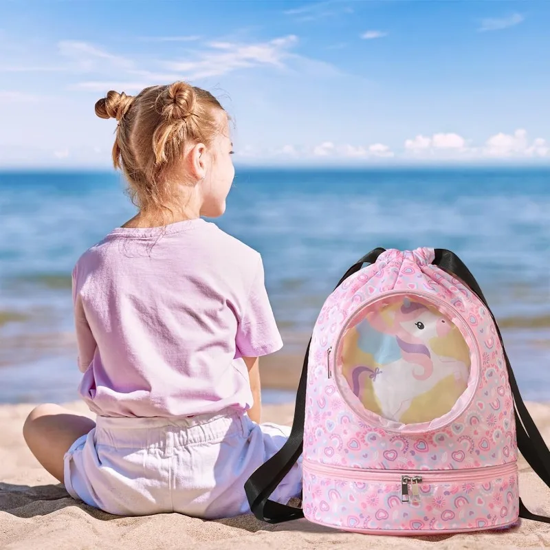 Bolsa de gimnasio con cordón para niños, mochila impermeable con cordón, bolsa de natación con compartimento, bolsa deportiva con cordón para natación húmeda - imagen 4
