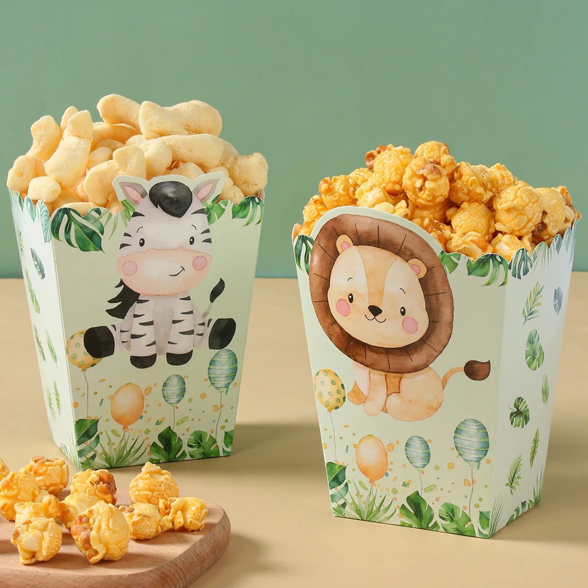Cajas de palomitas de maíz de dinosaurio y animales de la selva, cajas de golosinas de zoológico, decoración de papel para fiesta de feliz cumpleaños, suministros para fiestas infantiles, regalos, caja de palomitas de maíz
