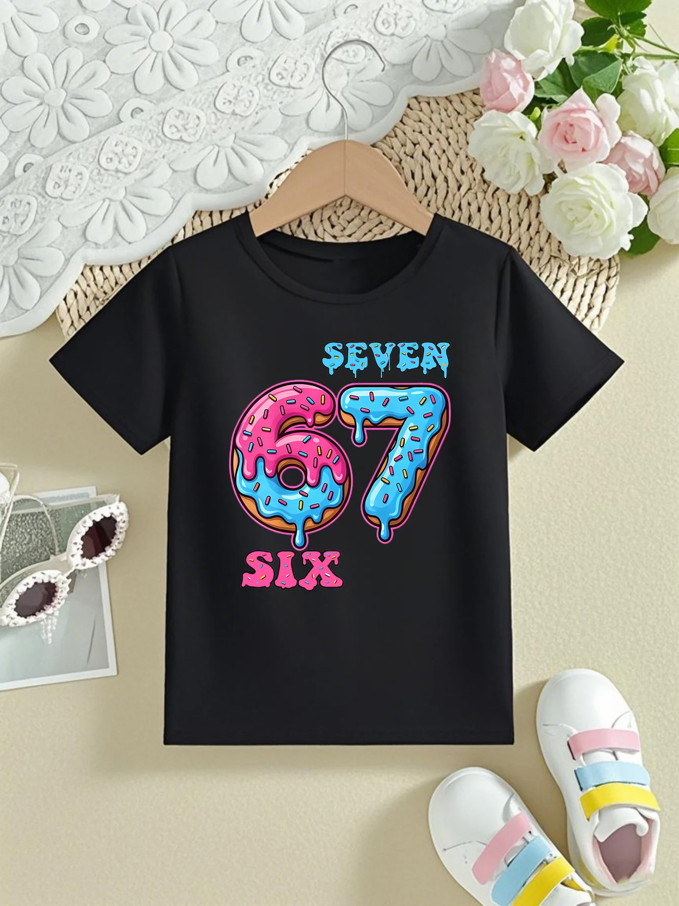 Camiseta colorida con estampado de helado 67 Six Seven Meme para niñas/niños, regalo de 6 a 7 ° cumpleaños, ropa divertida Kawaii para niños - imagen 4