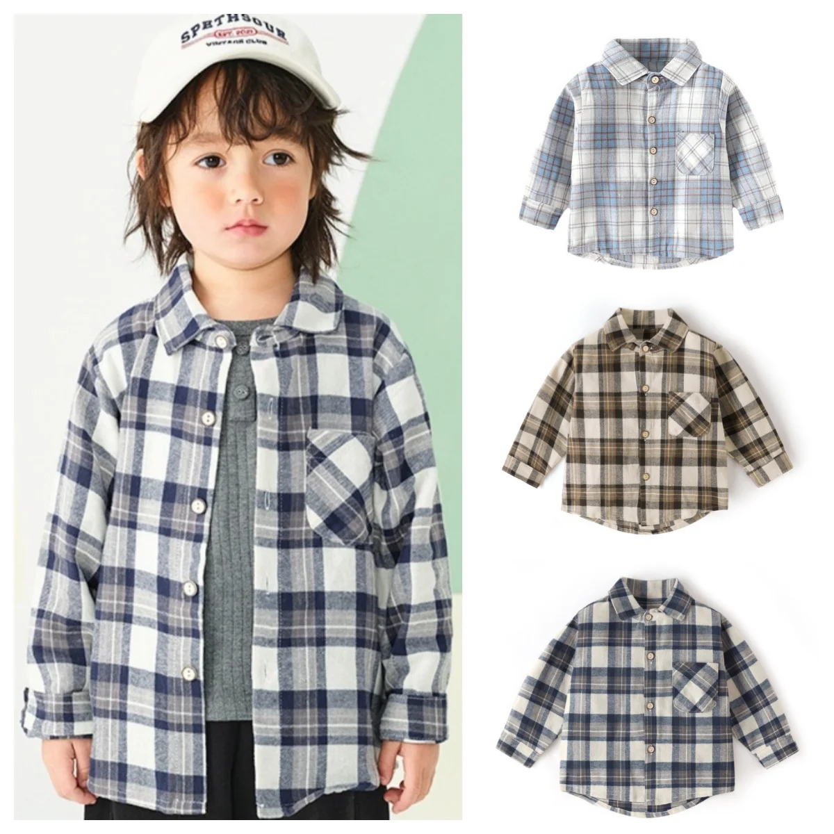 MILANCEL Camisa de algodón cepillado a cuadros para niños, informal, versátil, de manga larga, con cuello vuelto, capa Base Unisex, primavera