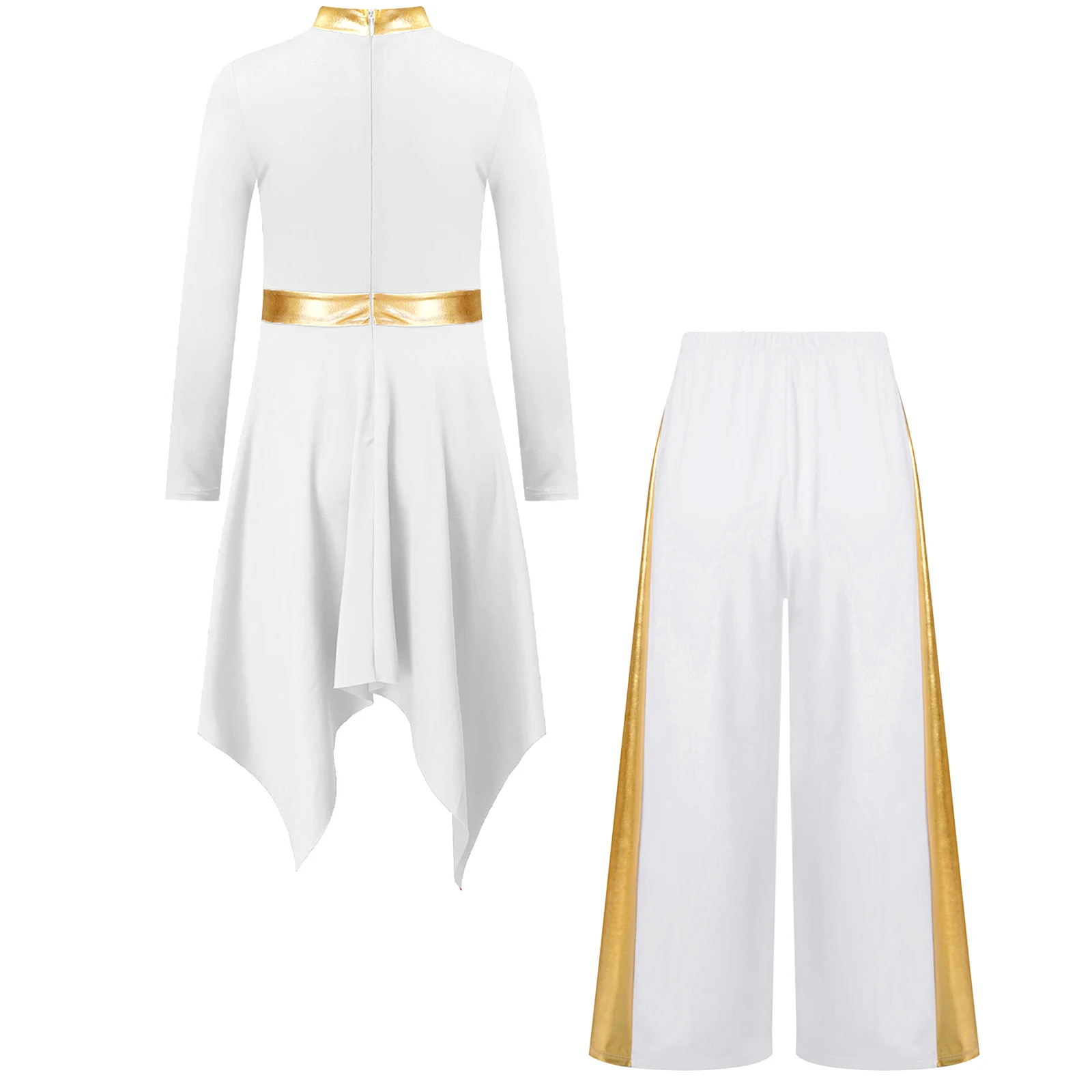 Conjuntos de baile de adoración de alabanza para niñas, disfraces de coro de iglesia, vestido de retazos metálico con dobladillo asimétrico de manga larga y pantalones - imagen 3