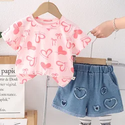 Conjunto verano niña tops algodón lazo y pantalón vaquero corto