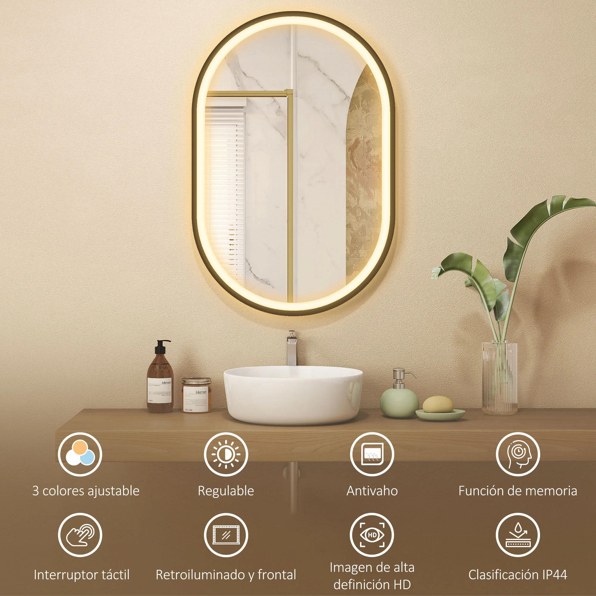 HOMCOM Espejo de Baño con Luz, 60x90 cm, Espejo de Pared Ovalado, 3 Colores de Luz, Brillo Regulable, Función Antivaho, Memoria, Interruptor Táctil, Marco de Aluminio, IP44, Negro - imagen 2