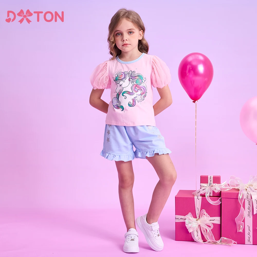 Conjuntos verano DXTON para niña con mangas abullonadas y unicornio - imagen 3